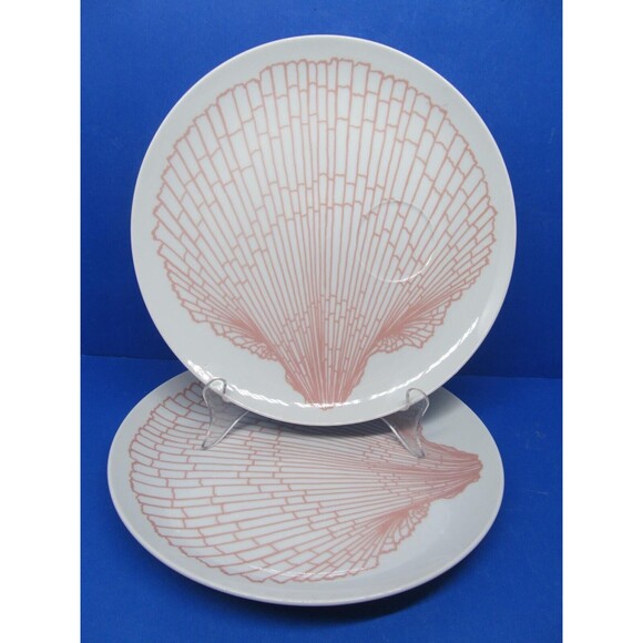 Fitz And Floyd Set Of 2 Sonoma Shell Luncheon Snack Plates Pink On White VGC - Picture 1 of 5